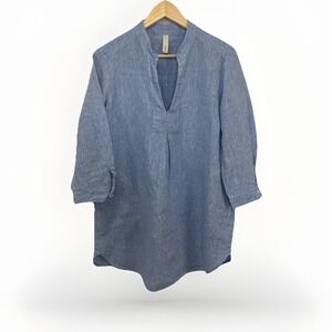 Studio 412 Sz M 100% Linen Blue Tunic Top‎ Artsy Lagenlook Made In Maine USA